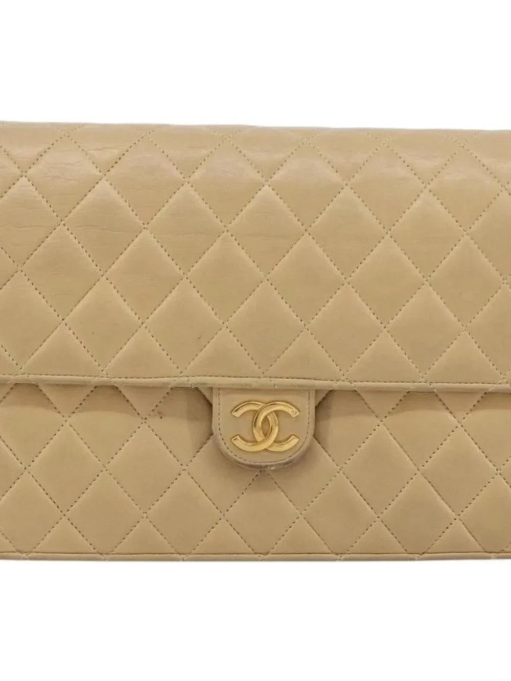 CHANEL Matelasse 25 Chain Shoulder Bag Lamb Skin Beige Gold CC Auth 182740